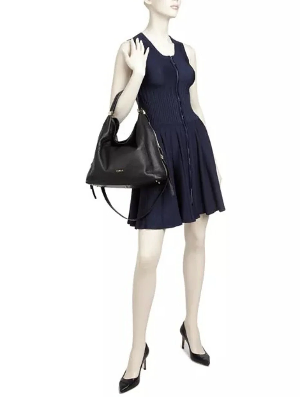 Furla Liz Daino Large Black Pebbled Leather Convertible Slouchy Hobo Bag Tote